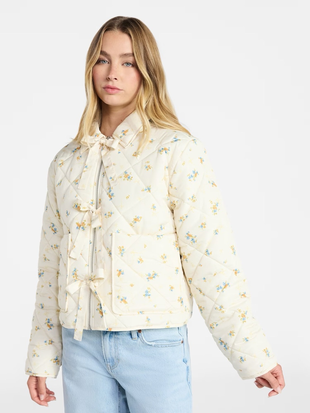 No Boundaries Cream Quilted Floral Tie-Waist Puffer Jacket